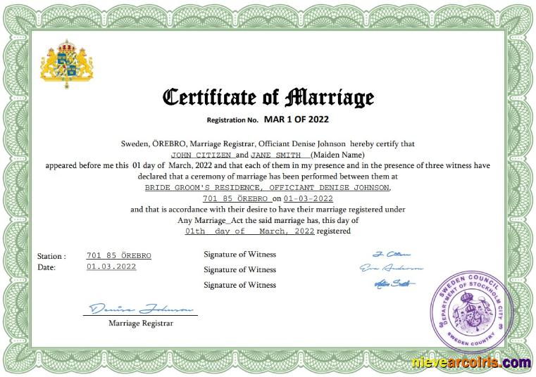 Sweden marriage certificate
